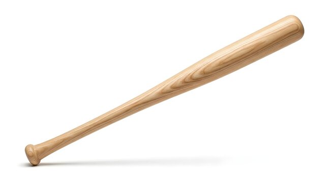 A close up studio shot showcases a polished natural wood baseball bat positioned against a stark seamless white backdrop highlighting its form and material for sports or design applications