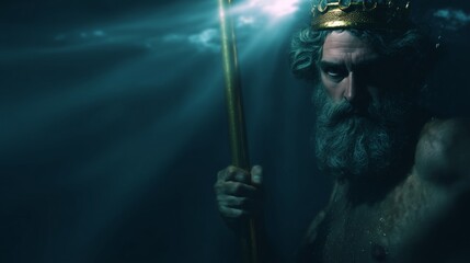 Naklejka premium Poseidon stands with his trident in an underwater scene featuring beams of light and a crown on his head