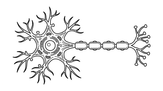 Detailed illustration of a human neuron cell body and axon.