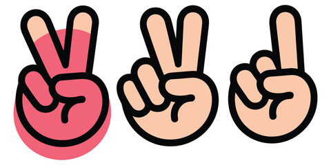 Fototapeta premium Peace hand signs showing two fingers, pink circle, light skin tone, black outline