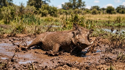 Obraz premium A warthog is captured mid action enjoying a mud bath in a lush. The concept highlights wildlife, nature, and wildlife photography, appealing to environmental and travel media. Generative AI