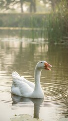 Obraz premium Graceful White Swan Gliding on Calm Water.
