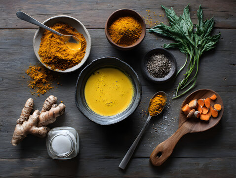 Golden turmeric latte with ground turmeric, fresh turmeric root, green herb, cumin seed and salt on rustic wooden counter, warm creamy beverage and spice preparation evoking comfort and wellness
