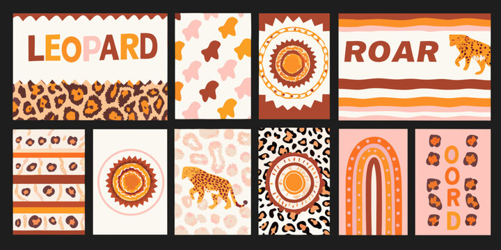 Leopard print and geometric pattern collection vector illustration set