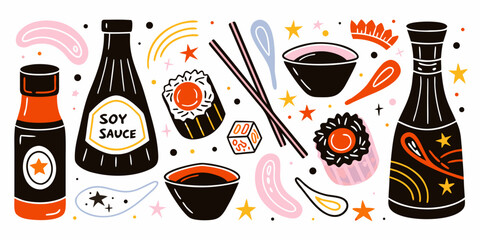 Soy Sauce Bottles And Asian Cuisine Elements Vector Illustration © Provhash