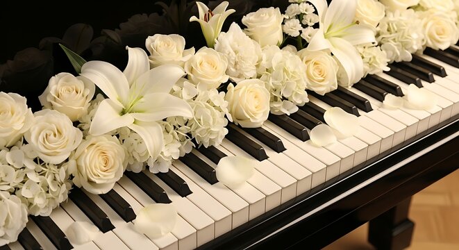 White flowers roses lilies and other bouquets on piano keys  musical instrument decoration