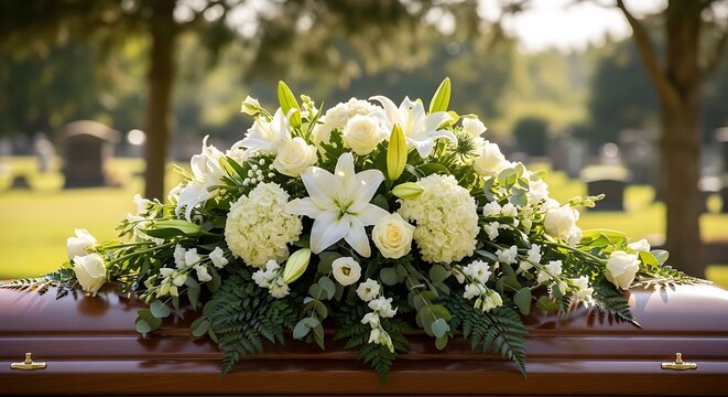 White flowers bouquet on a brown wooden coffin in cemetery  funeral and mourning