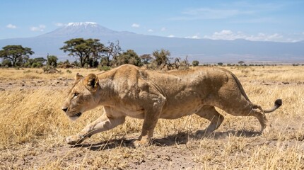 Fototapeta premium A lioness prowling through the savannah in front of a distant mountain range. Concept of wildlife, nature, and adventure photography, highlighting the strength and beauty of the natural world
