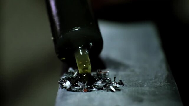 Lubricate with oil from a syringe before drilling a hole in the metal. Details of Industrial process. B-roll. High quality 4k footage.
