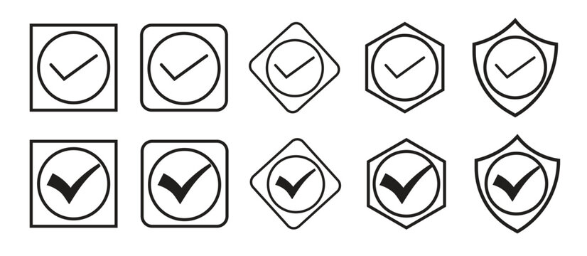 check mark icon set  black, tick symbol approval success validation button minimal design vector