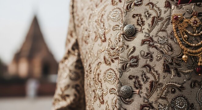 Close-up view of an ornate embroidered groom's wedding attire with intricate patterns and decorative buttons