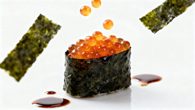 Gunkan Sushi Ikura Salmon Roe with Flying Nori and Soy Sauce on White Background