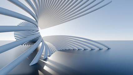 Fototapeta premium Abstract 3D futuristic architectural white and blue curved lines structure under clear sky, perfect for real estate banner, modern corporate website header, or tech backdrop