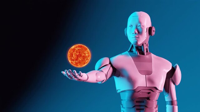 Android robot holding glowing sun sphere in digital motion footage