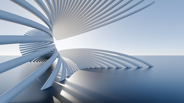 Abstract 3D futuristic architectural white and blue curved lines structure under clear sky, perfect for real estate banner, modern corporate website header, or tech backdrop