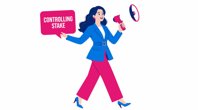 Businesswoman holding controlling stake sign and megaphone.