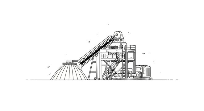 Industrial grain silo and conveyor belt system illustration.