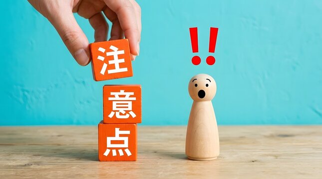 Hand stacking orange building blocks featuring Japanese text for caution and important notes next to a surprised wooden peg doll with exclamation marks.