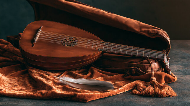 lute. Medieval lute resting on velvet cloth with a feather tucked in its case. event programs, museum guides, designed for cultural heritage projects and event programs, supports education.