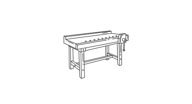 Wooden workbench with metal vice for workshop use.