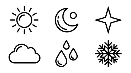 Fototapeta premium A collection of simple line art icons representing various weather conditions and celestial bodies for design