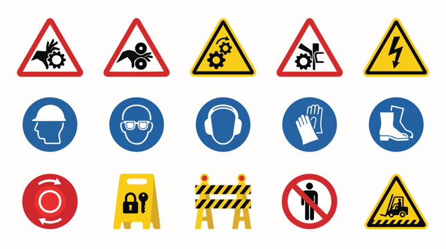 Set of diverse industrial safety warning icons featuring bright yellow red and blue colors for workplace hazard and equipment protection
