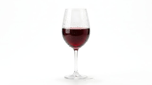 An isolated transparent wine glass brimming with rich dark red wine is presented against a clean seamless white backdrop perfect for showcasing alcoholic beverages or celebratory moments
