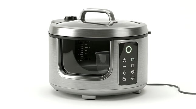 Showcasing a sleek contemporary household electric rice cooker on a seamless white background emphasizing its functional design and kitchen appliance role