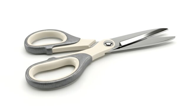 Detailed studio shot of clean metallic office scissors with sharp blades and ergonomic handles isolated on a bright white background for versatile design use