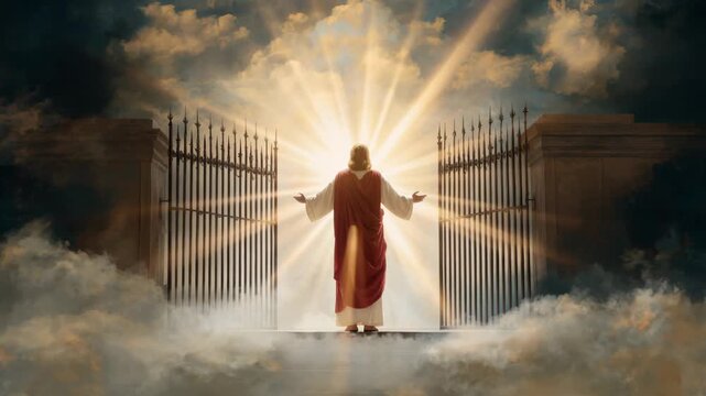 Jesus stands at the gates of heaven, welcoming souls with open arms. The scene shows a vivid expression of faith and hope for eternal life.