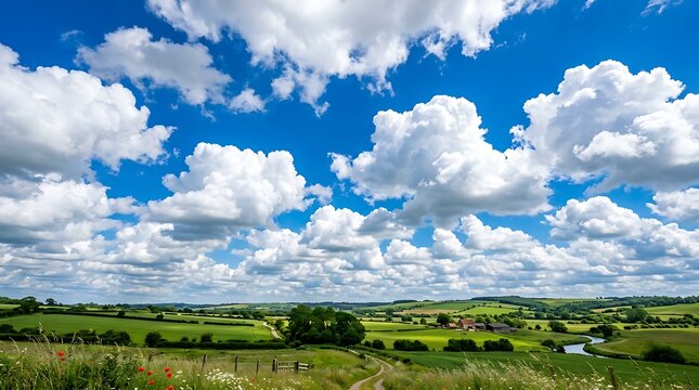 Serene countryside landscape with fluffy white clouds