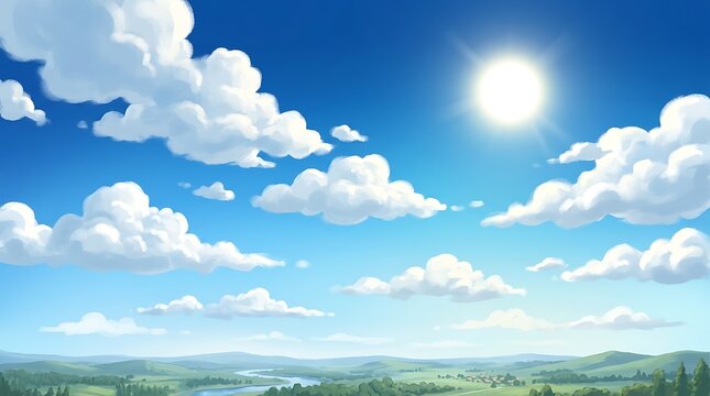 Serene landscape with fluffy white clouds and rolling hills