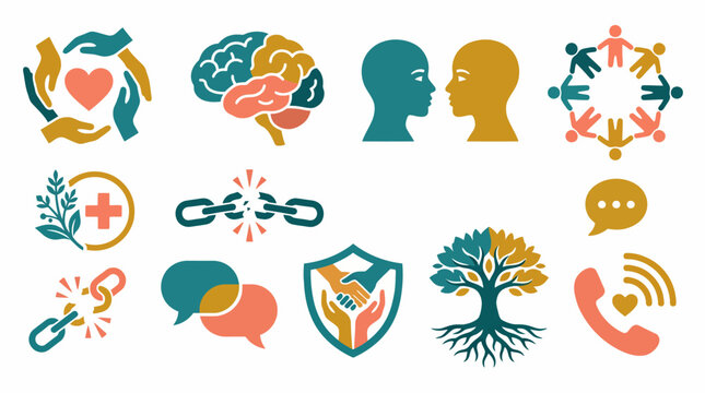 Diverse vector icon set representing key concepts of mental health, human connection, communication, community support, empathy, and well-being for modern design projects