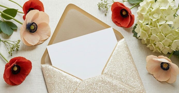 Open Gold Glitter Envelope with White Card and Flowers on Textured Background for Wedding Invitations