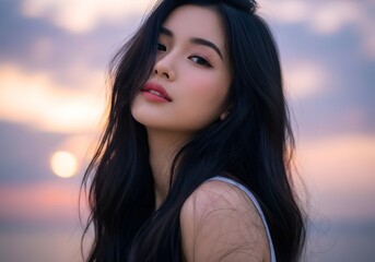 Fototapeta premium Young woman looking at sunset with long hair
