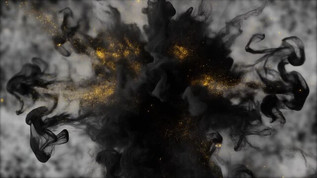 水中で爆発して金の輝きを放つ黒インクのダイナミックな衝撃波