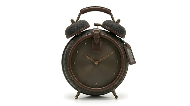 A vintage inspired table alarm clock presented in a clean minimalist style stands alone on a pure white background symbolizing timekeeping and classic design elements