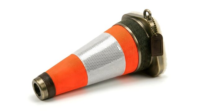 A single bright orange traffic safety cone is rendered distinctly on a pure white seamless studio background highlighting its iconic shape and function