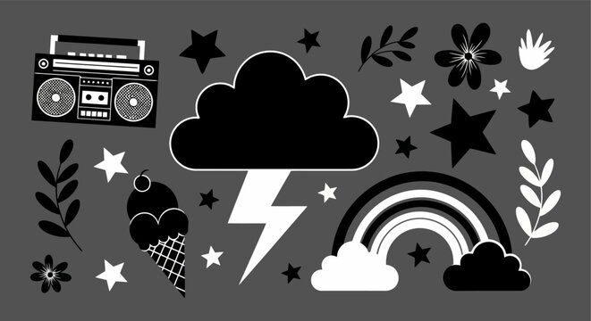 Retro black and white sticker set with boombox cloud lightning rainbow and ice cream icons.