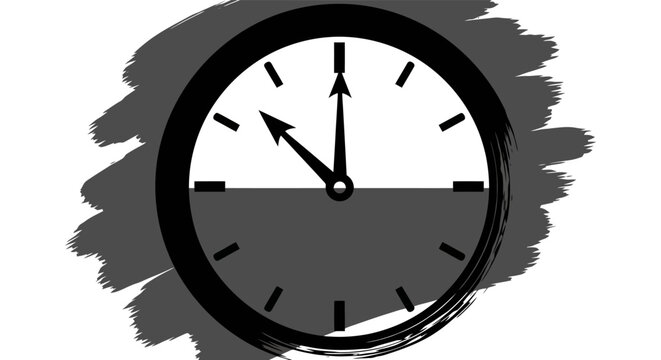 Minimalist Black and White Analog Clock Icon with Brush Stroke Background.