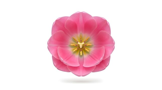 Close up of a solitary pink tulip bloom its soft petals fully open presented with striking clarity against a seamless bright white background for a minimalist aesthetic