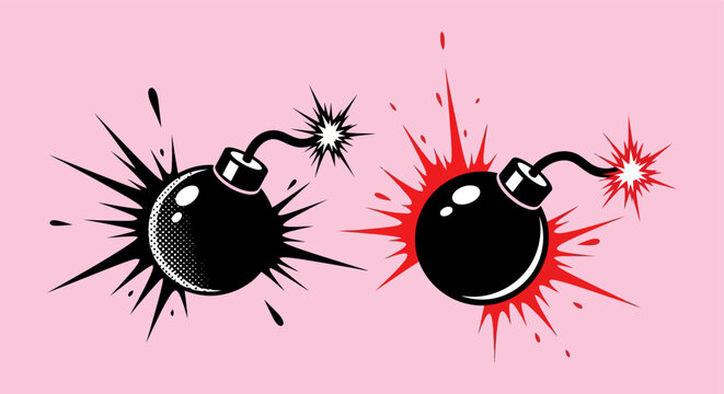 Two vintage comic style black bombs with lit fuses and explosive splash effects on pink background.