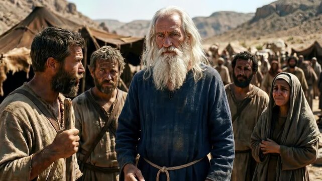 Dramatic Biblical Scene of a Wise Elder Facing a Distressed Shouting Crowd in an Ancient Desert Encampment