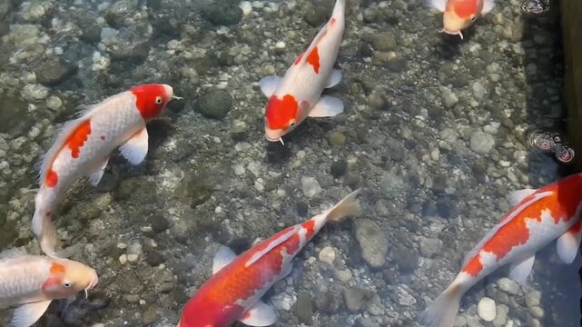 光が揺らめく透明な水面を泳ぐ美しいらんちゅう金魚の俯瞰
