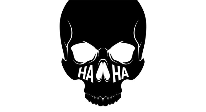 Black human skull silhouette with haha text typography design on white background.