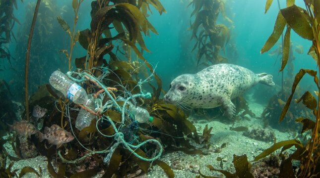 Spotted Harbor Seal Pup Swimming Near Plastic Bottles And Fishing Netting In Kelp Forest, Highlighting Marine Pollution Impacts