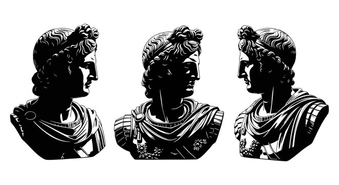 Three black and white classical roman emperor bust statues in different profile views.