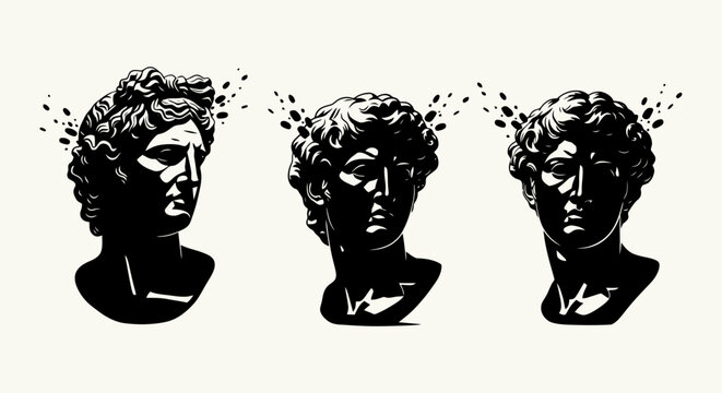Three black and white classical greek marble statue heads with crumbling stone fragments.