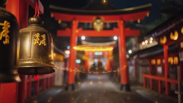 黄金のスピリチュアルな光の輪を放つ神楽鈴の神秘的なエフェクト