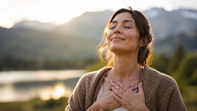 A woman in a cozy sweater rests her hands on her heart with eyes closed, signifying a moment of self-connection and gratitude in an outdoor setting